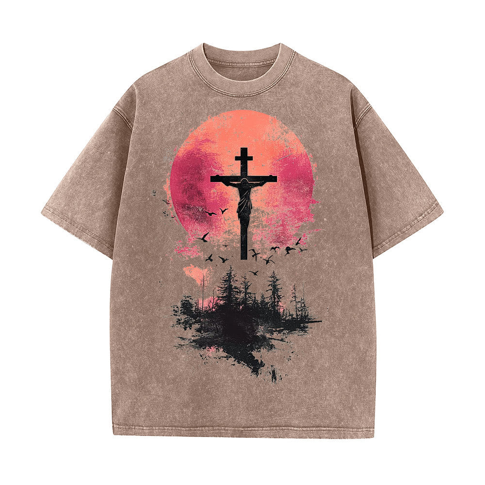 Christianartworkshop Divine Crucifix Over Nature Landscape Unisex Washed T-shirt