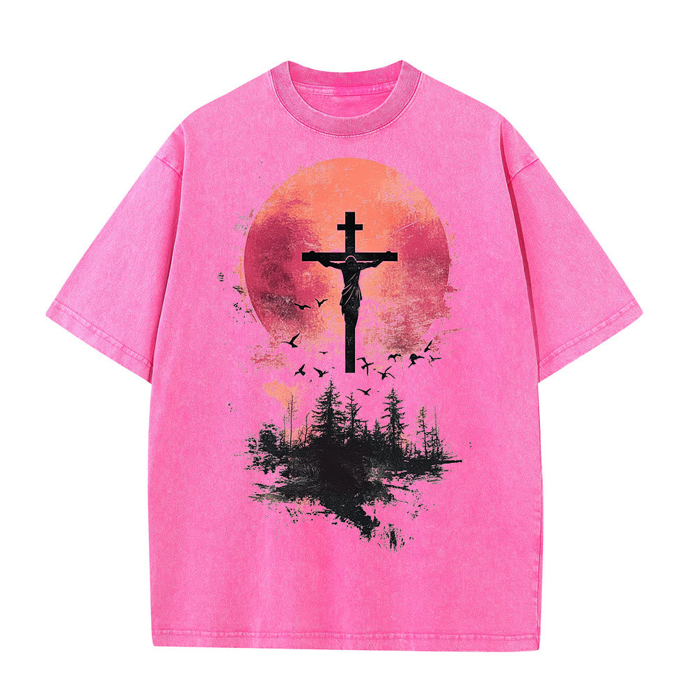 Christianartworkshop Divine Crucifix Over Nature Landscape Unisex Washed T-shirt