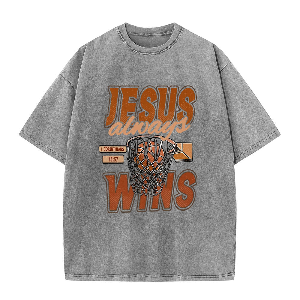 Christianartworkshop Jesus Always Wins Basketball Graphic Unisex Washed T-shirt