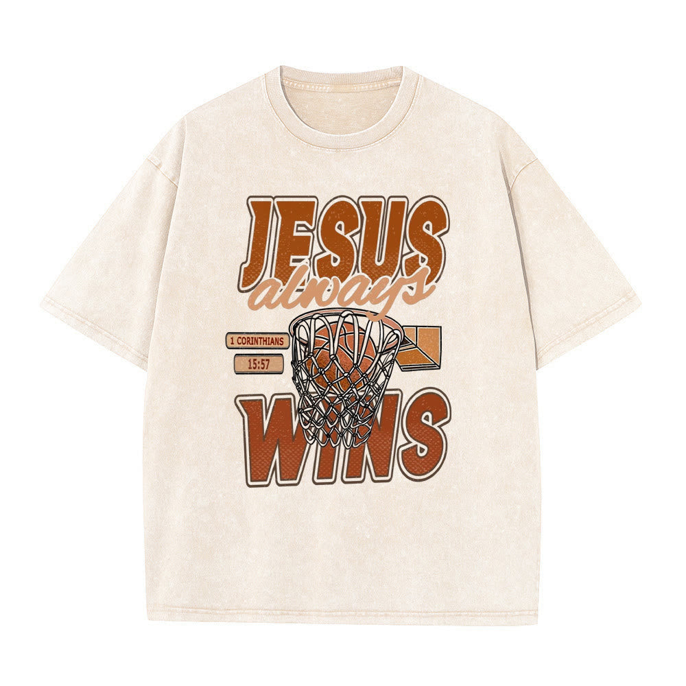 Christianartworkshop Jesus Always Wins Basketball Graphic Unisex Washed T-shirt