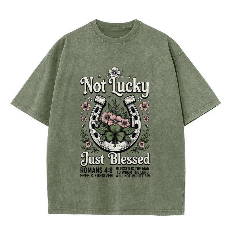 Christianartworkshop Not Lucky Just Blessed" Romans 4:8 Unisex Washed T-Shirt
