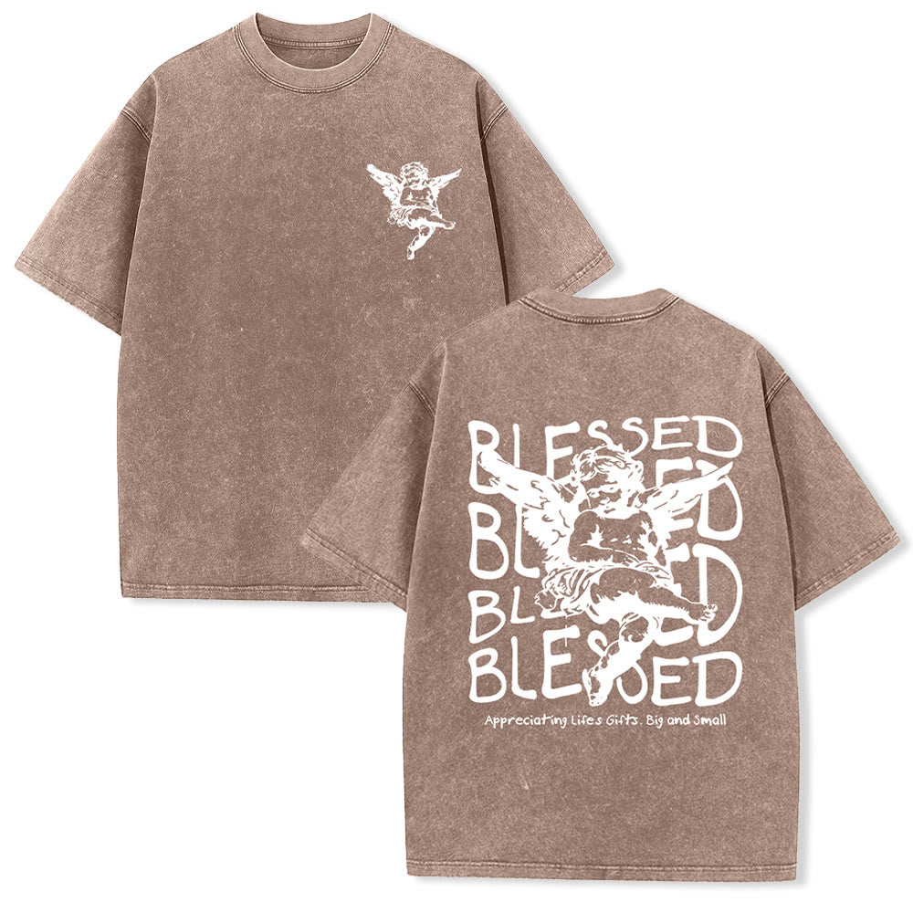 Christianartworkshop Inspired Blessed T-Shirt with Cherub Design Unisex Washed T-Shirt