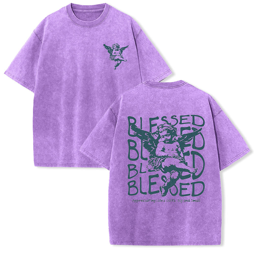 Christianartworkshop Inspired Blessed T-Shirt with Cherub Design Unisex Washed T-Shirt
