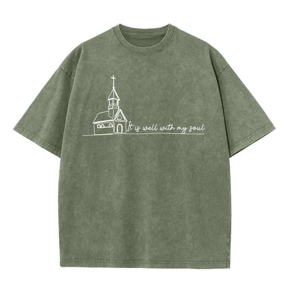 Christianartworkshop It Is Well With My Soul Church Sketch Line Art Unisex Washed T-shirt