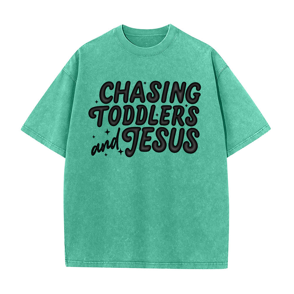Christianartworkshop Chasing Toddlers and Jesus Bubble Letter Star Accent Unisex Washed T-shirt
