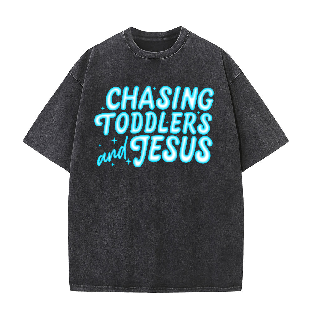 Christianartworkshop Chasing Toddlers and Jesus Bubble Letter Star Accent Unisex Washed T-shirt