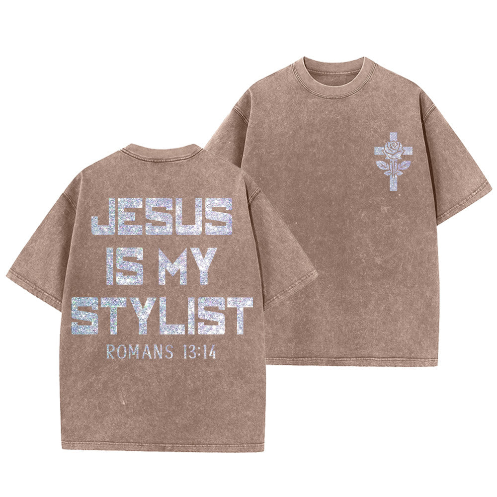 Christianartworkshop Jesus Is My Stylist Romans 13:14 Glitter Letter Rose Cross Unisex Washed T-shirt