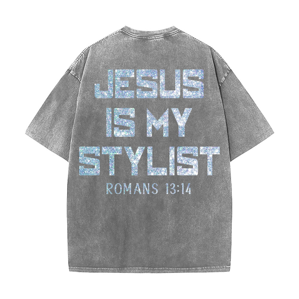 Christianartworkshop Jesus Is My Stylist Romans 13:14 Glitter Letter Rose Cross Unisex Washed T-shirt
