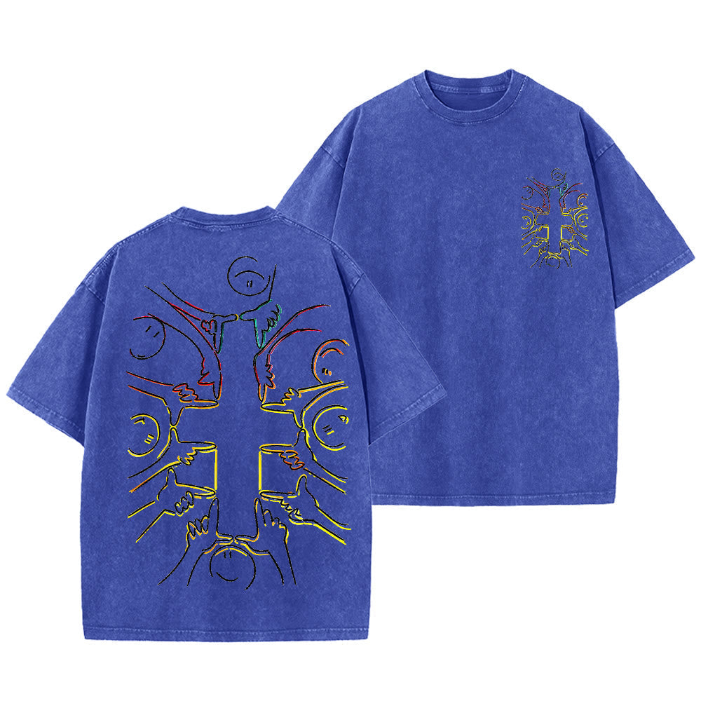 Christianartworkshop Unity Cross Human Figure Line Art Unisex Washed T-shirt