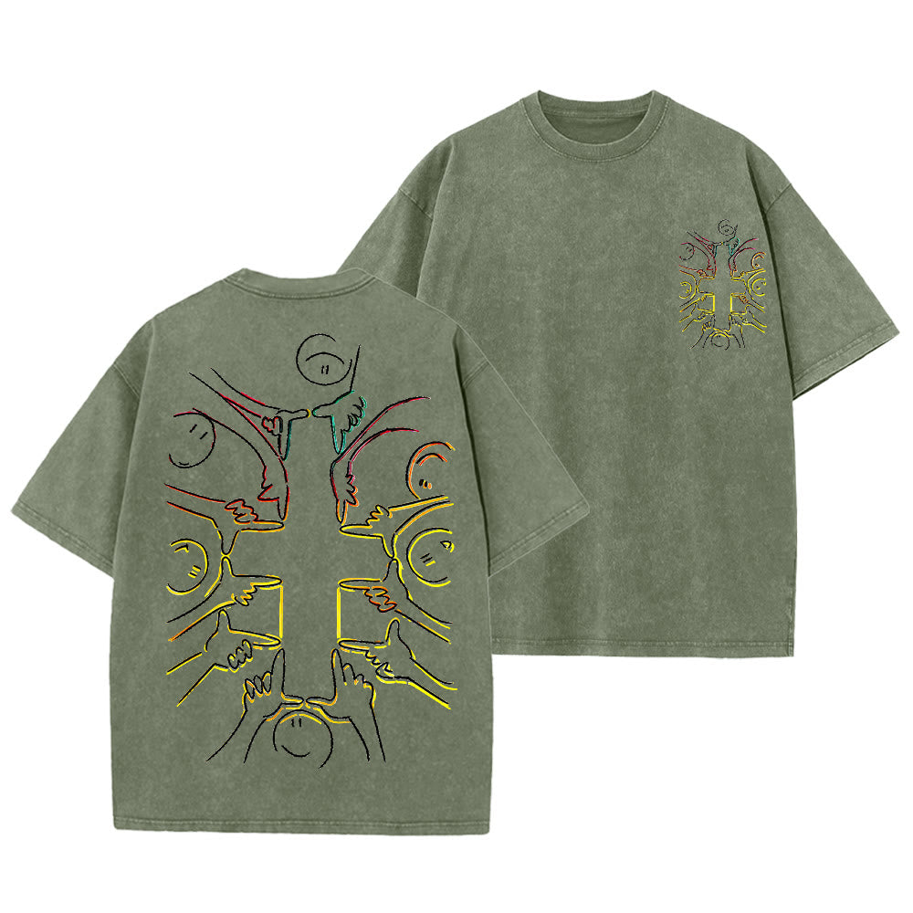 Christianartworkshop Unity Cross Human Figure Line Art Unisex Washed T-shirt