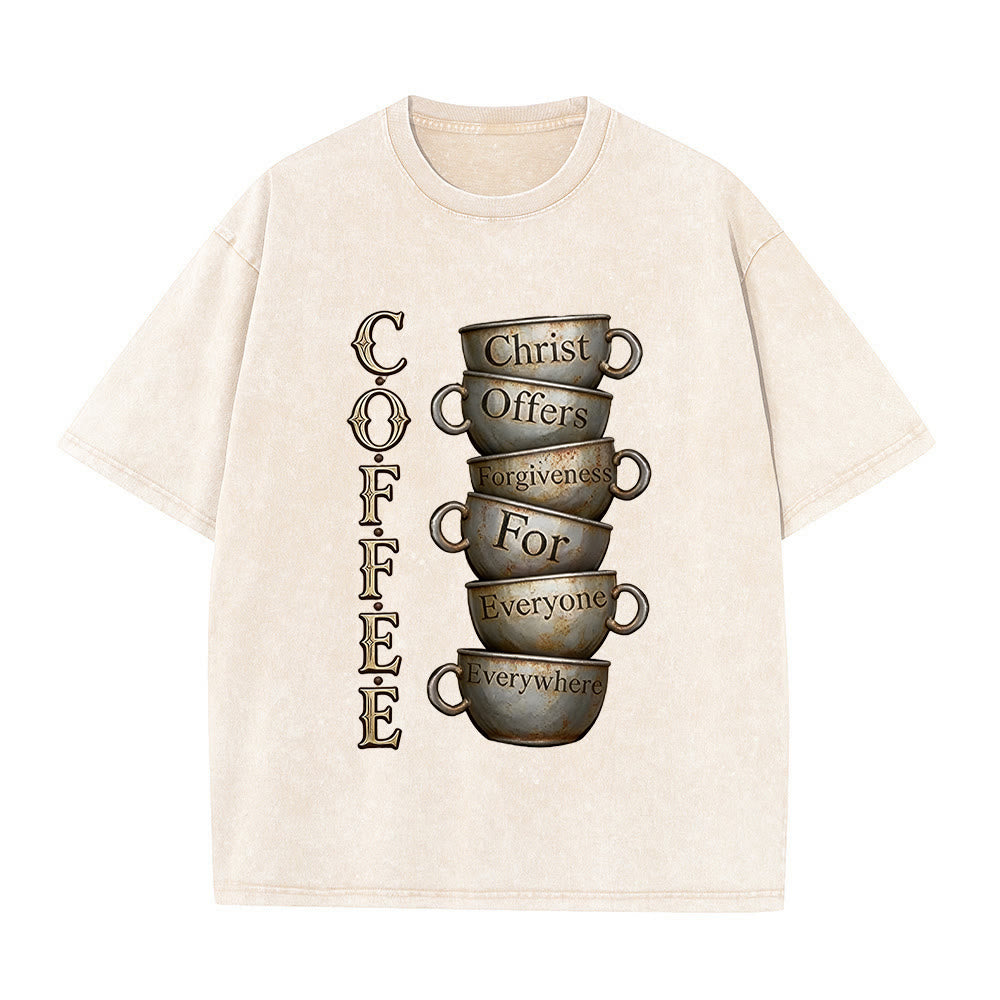 Christianartworkshop COFFEE Christ Offers Forgiveness Unisex Washed T-Shirt
