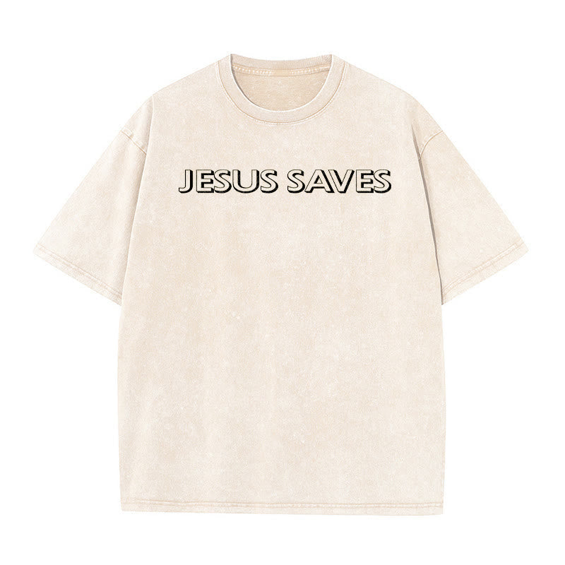 Christianartworkshop Jesus Saves Repeat Text Unisex Washed T-Shirt