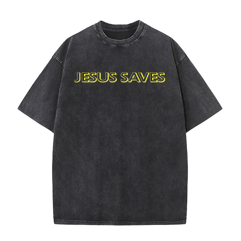 Christianartworkshop Jesus Saves Repeat Text Unisex Washed T-Shirt