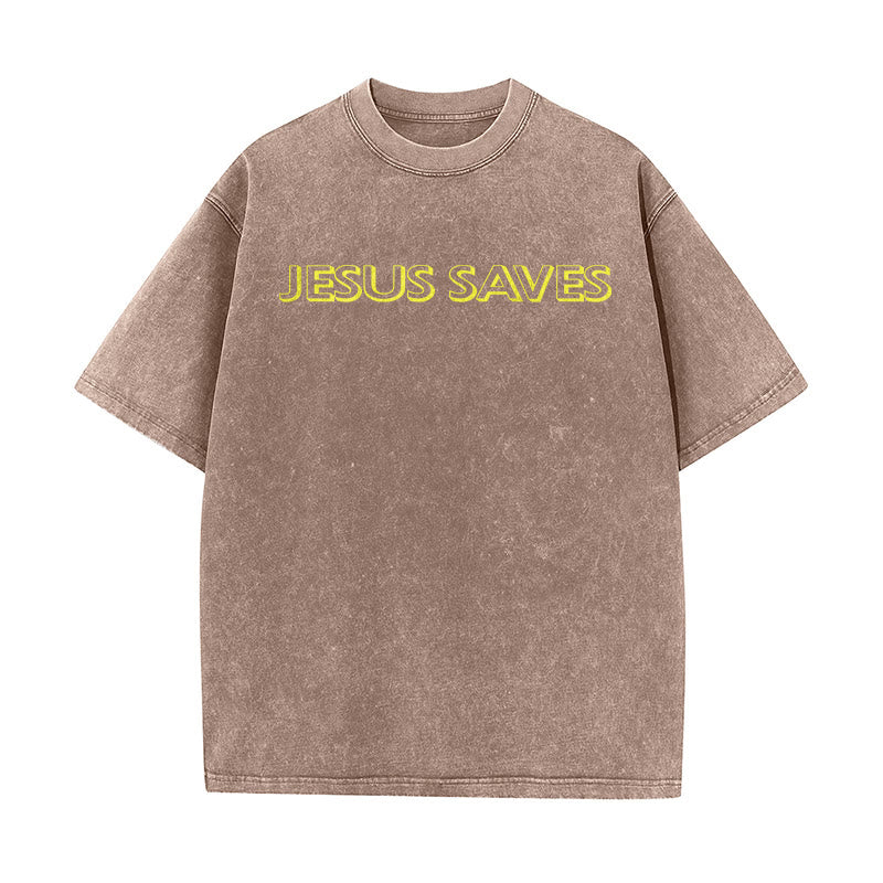 Christianartworkshop Jesus Saves Repeat Text Unisex Washed T-Shirt