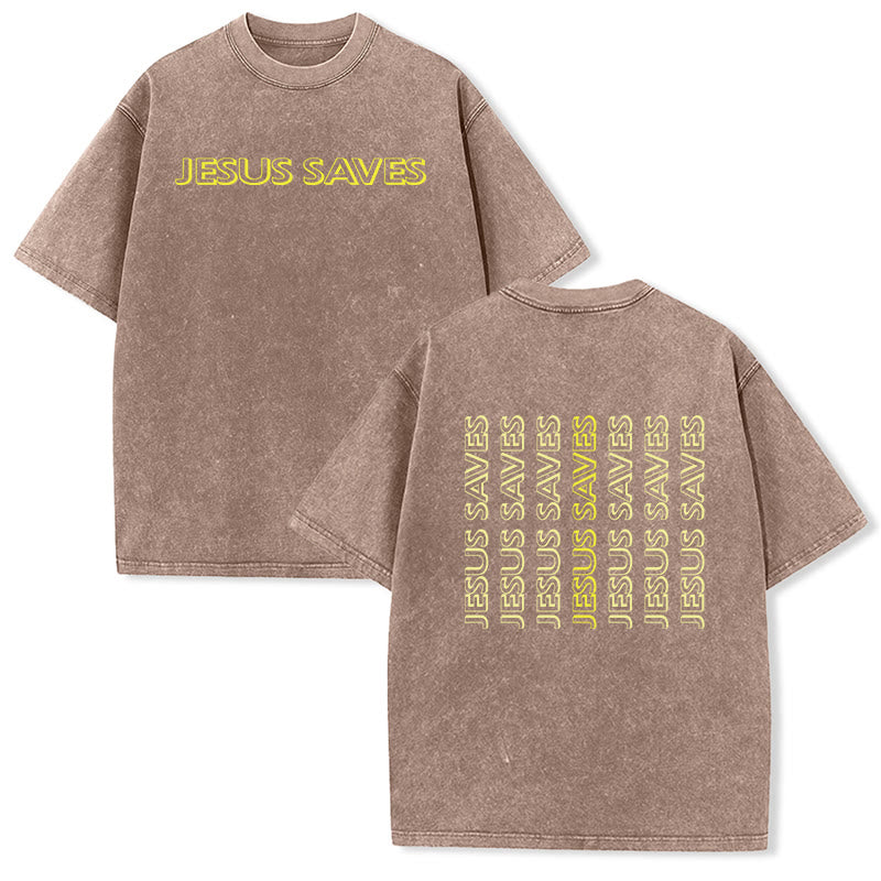 Christianartworkshop Jesus Saves Repeat Text Unisex Washed T-Shirt