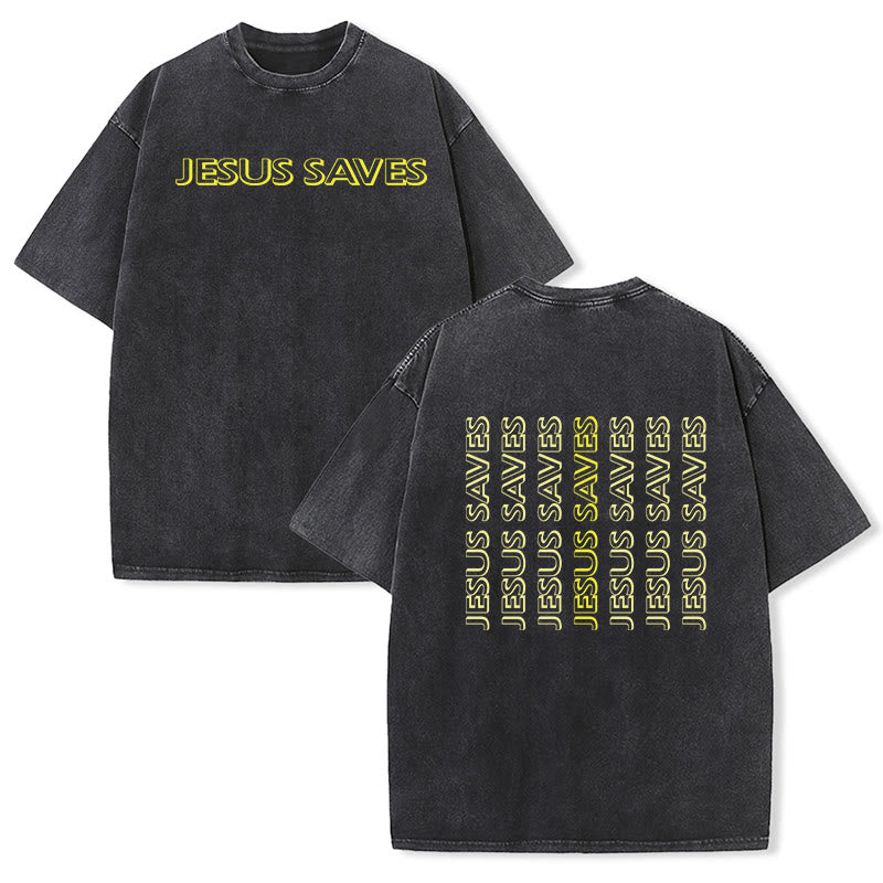 Christianartworkshop Jesus Saves Repeat Text Unisex Washed T-Shirt