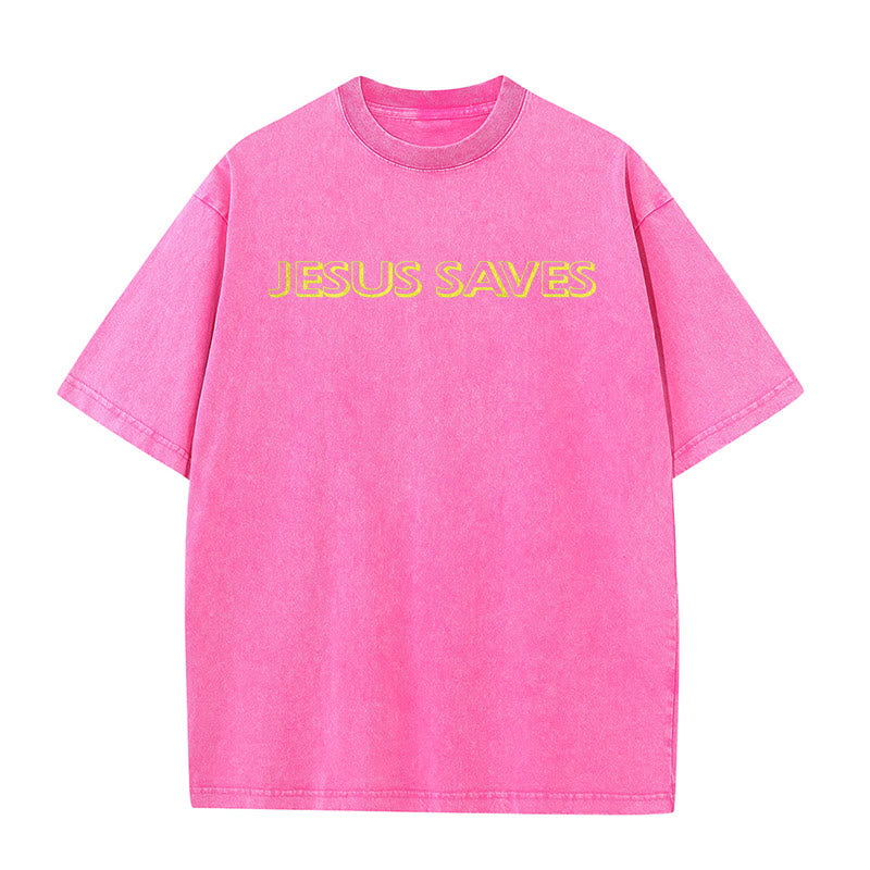 Christianartworkshop Jesus Saves Repeat Text Unisex Washed T-Shirt