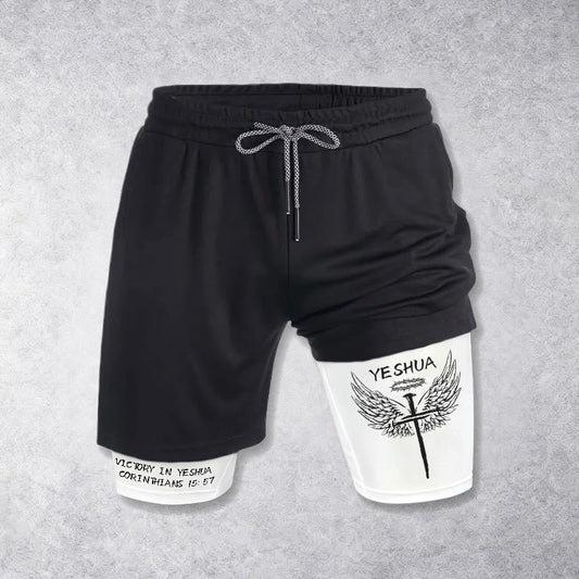 Christianartworkshop 1 Corinthians 15:57 Victory In Yeshua Winged Cross Performance Shorts