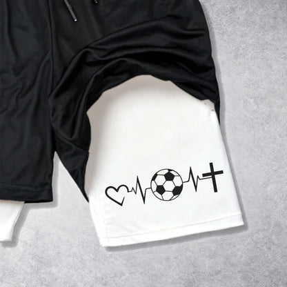 Christianartworkshop Soccer & Faith Heartbeat Cross Athletic Layered Shorts