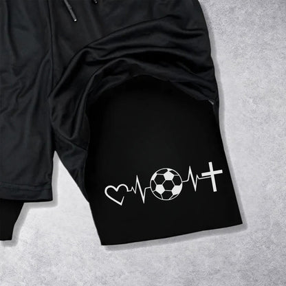 Christianartworkshop Soccer & Faith Heartbeat Cross Athletic Layered Shorts