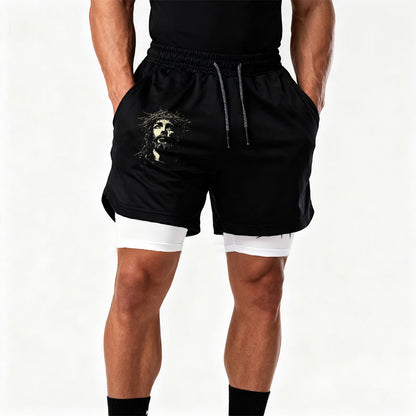 Christianartworkshop Jesus & Crown of Thorns Cross Performance Layered Shorts