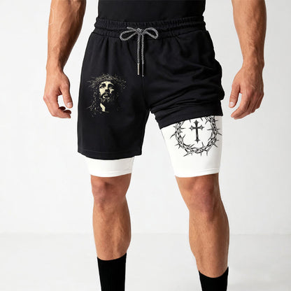 Christianartworkshop Jesus & Crown of Thorns Cross Performance Layered Shorts