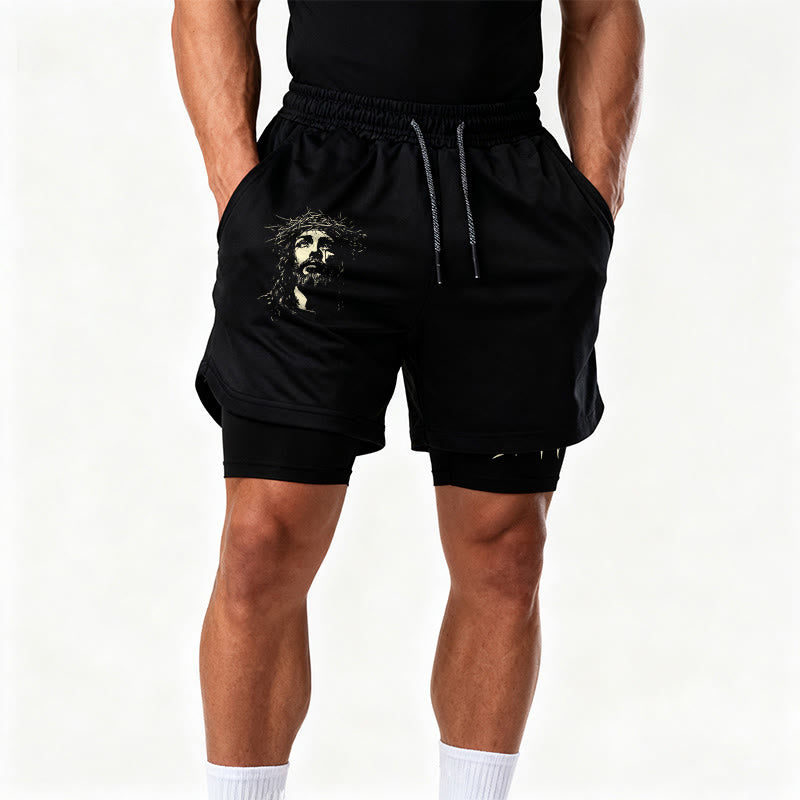 Christianartworkshop Jesus & Crown of Thorns Cross Performance Layered Shorts
