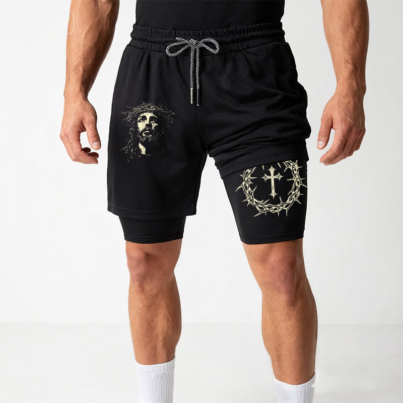 Christianartworkshop Jesus & Crown of Thorns Cross Performance Layered Shorts