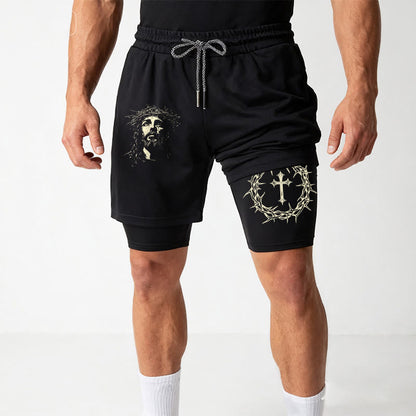 Christianartworkshop Jesus & Crown of Thorns Cross Performance Layered Shorts