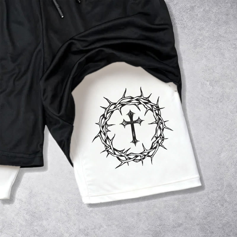 Christianartworkshop Jesus & Crown of Thorns Cross Performance Layered Shorts