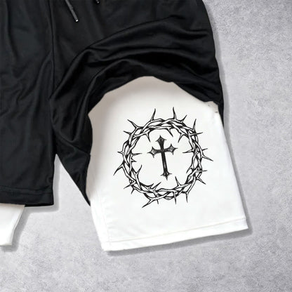 Christianartworkshop Jesus & Crown of Thorns Cross Performance Layered Shorts