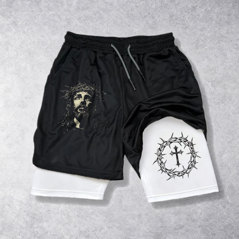 Christianartworkshop Jesus & Crown of Thorns Cross Performance Layered Shorts