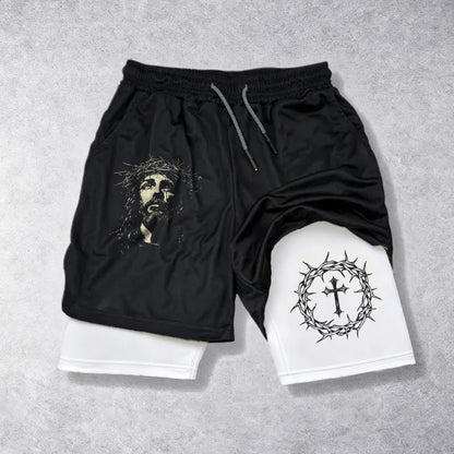 Christianartworkshop Jesus & Crown of Thorns Cross Performance Layered Shorts