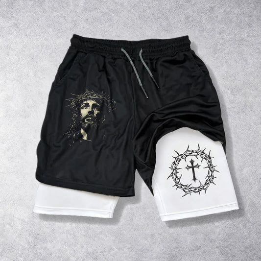Christianartworkshop Jesus & Crown of Thorns Cross Performance Layered Shorts