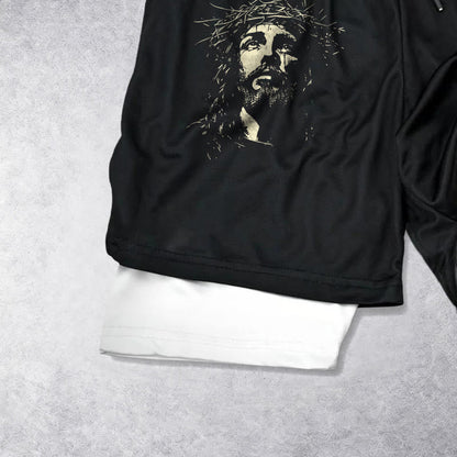 Christianartworkshop Jesus & Crown of Thorns Cross Performance Layered Shorts