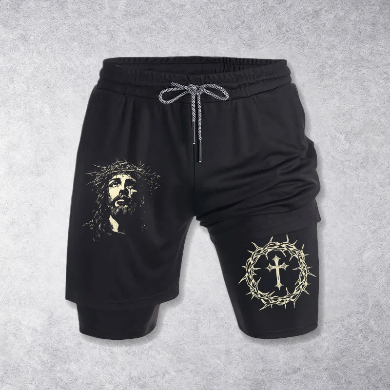 Christianartworkshop Jesus & Crown of Thorns Cross Performance Layered Shorts