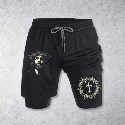 Christianartworkshop Jesus & Crown of Thorns Cross Performance Layered Shorts
