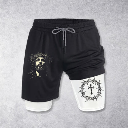 Christianartworkshop Jesus & Crown of Thorns Cross Performance Layered Shorts