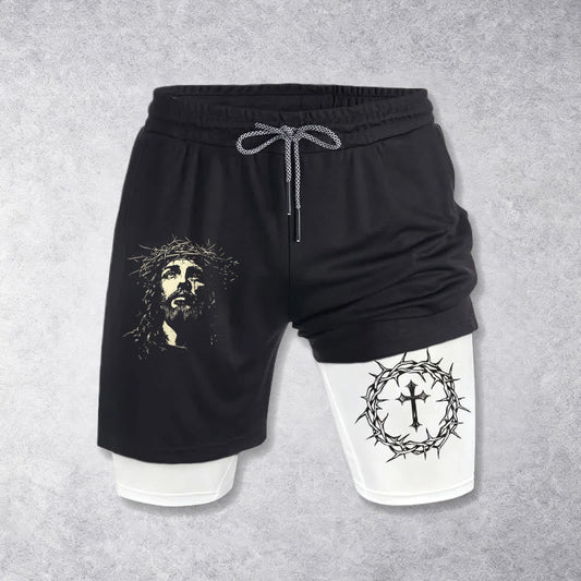 Christianartworkshop Jesus & Crown of Thorns Cross Performance Layered Shorts