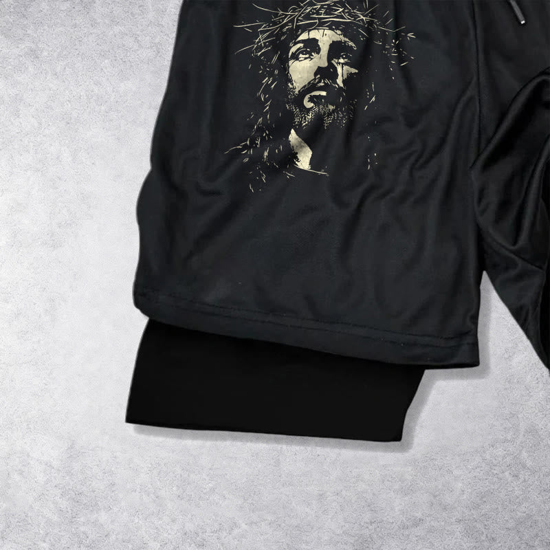 Christianartworkshop Jesus & Crown of Thorns Cross Performance Layered Shorts
