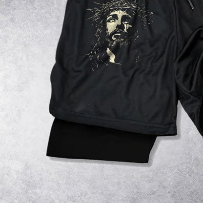 Christianartworkshop Jesus & Crown of Thorns Cross Performance Layered Shorts