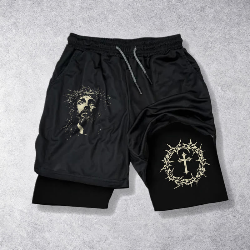 Christianartworkshop Jesus & Crown of Thorns Cross Performance Layered Shorts