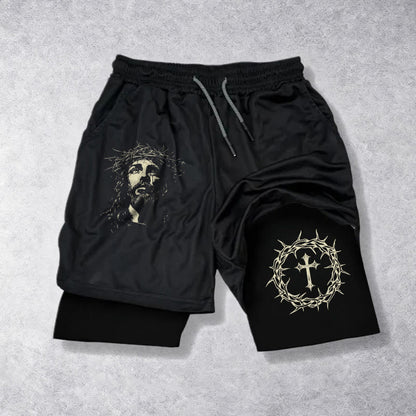 Christianartworkshop Jesus & Crown of Thorns Cross Performance Layered Shorts