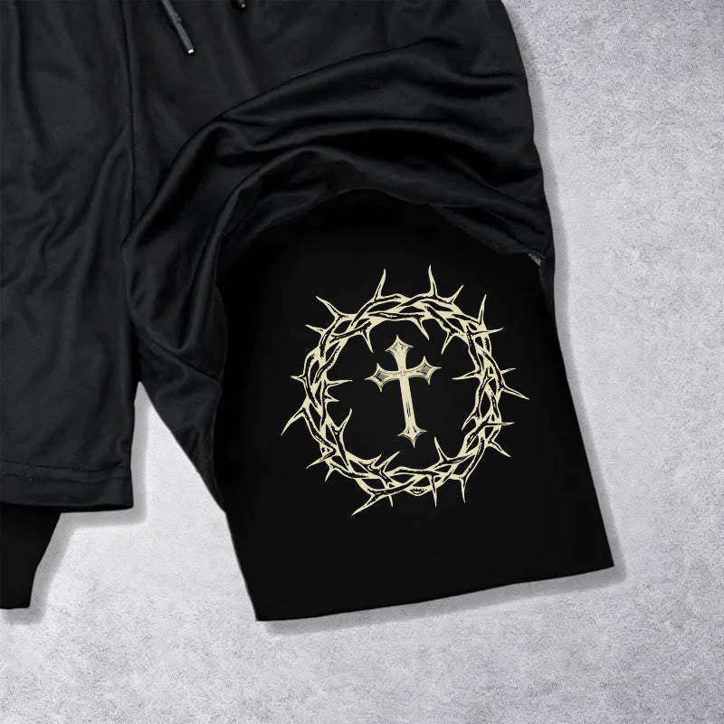 Christianartworkshop Jesus & Crown of Thorns Cross Performance Layered Shorts