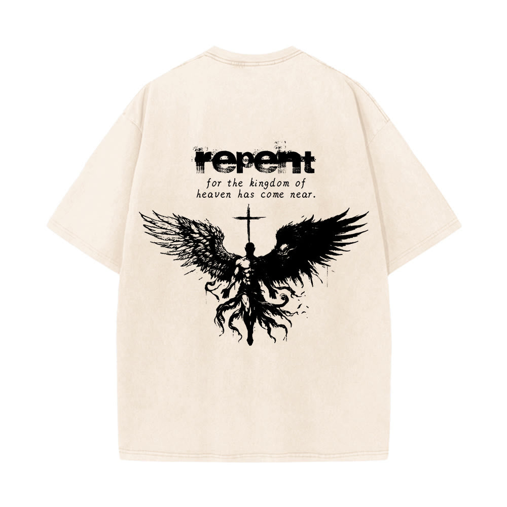 Christianartworkshop Repent For The Kingdom Of Heaven Unisex Washed T-Shirt