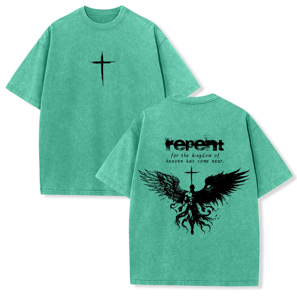 Christianartworkshop Repent For The Kingdom Of Heaven Unisex Washed T-Shirt
