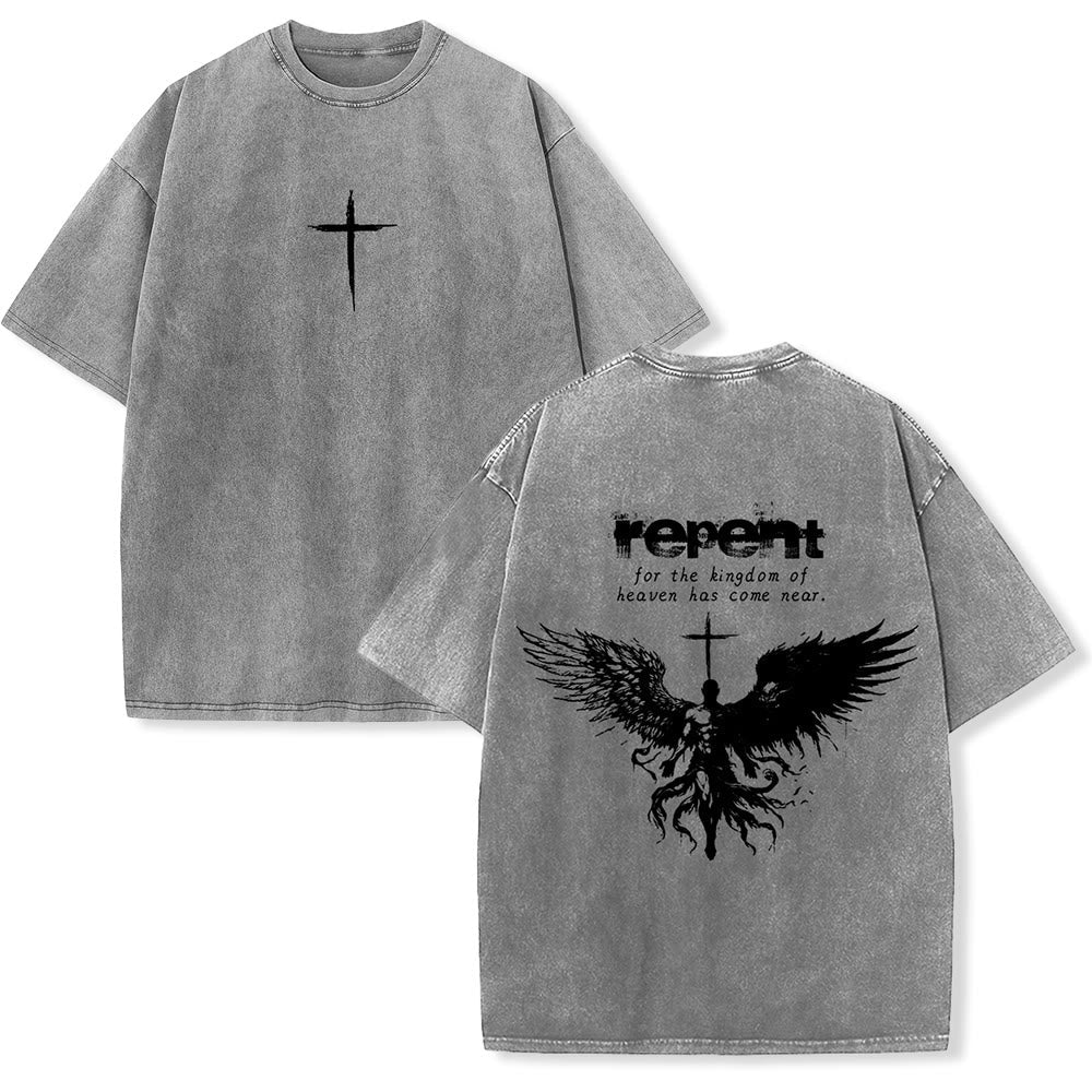 Christianartworkshop Repent For The Kingdom Of Heaven Unisex Washed T-Shirt