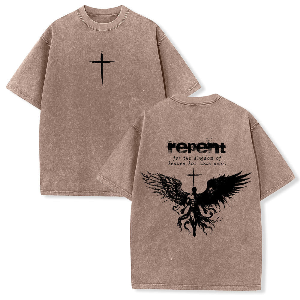 Christianartworkshop Repent For The Kingdom Of Heaven Unisex Washed T-Shirt