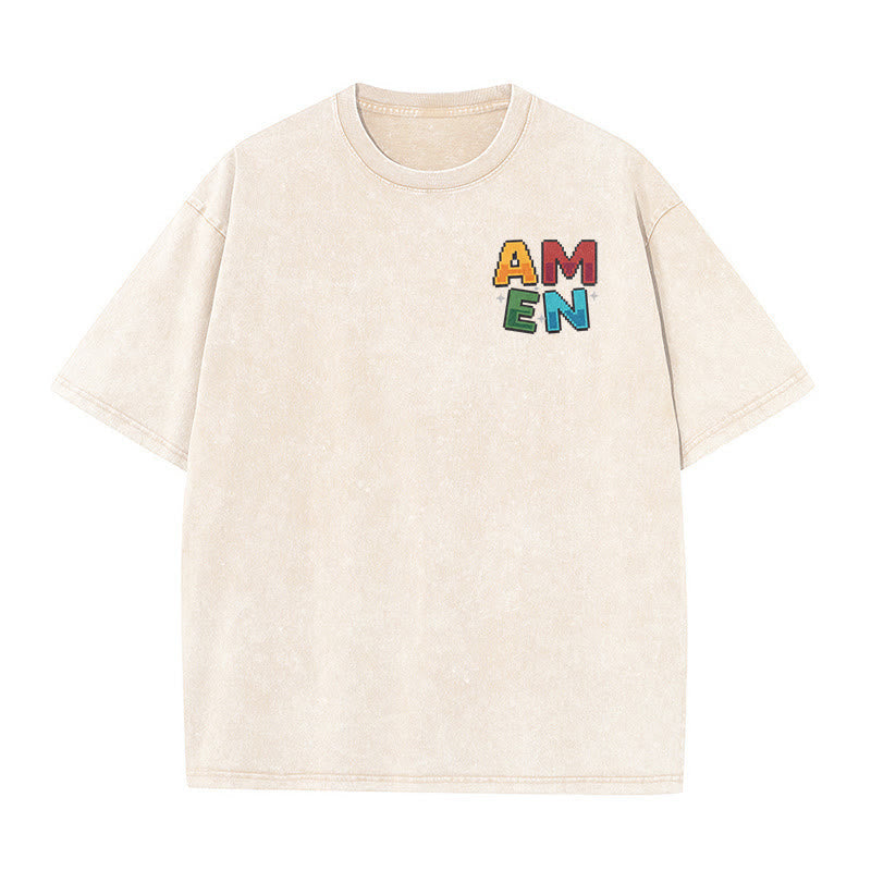 Christianartworkshop Amen Pixel Art Agree Move End Never Acronym Front And Back Print Washed T-Shirt