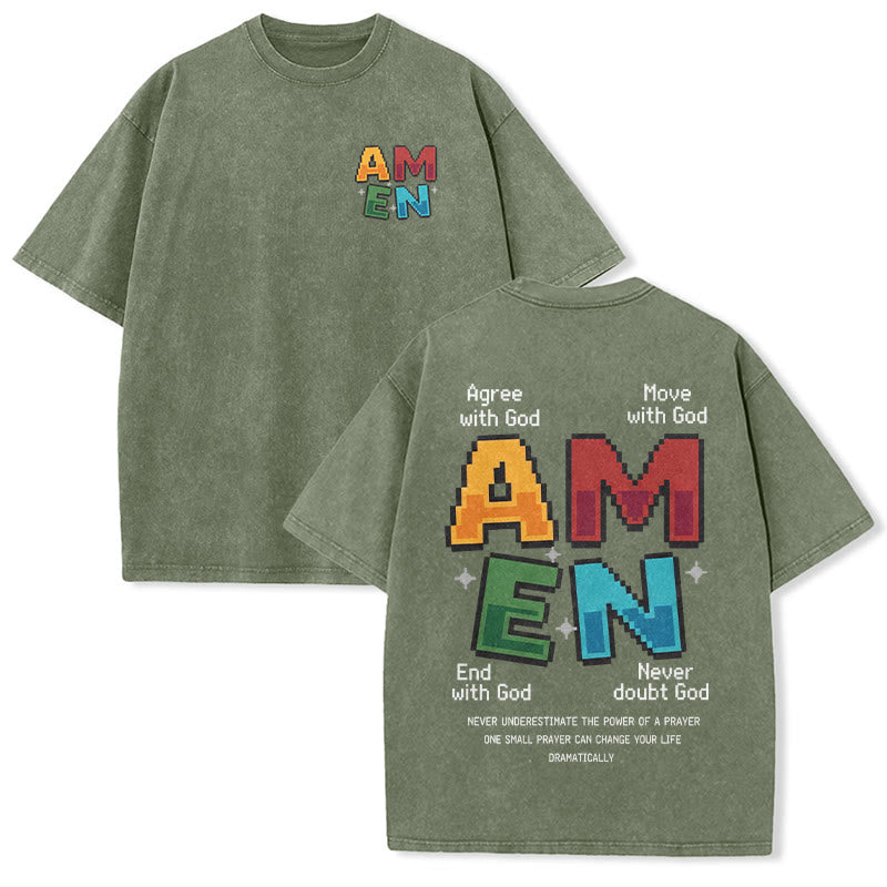 Christianartworkshop Amen Pixel Art Agree Move End Never Acronym Front And Back Print Washed T-Shirt